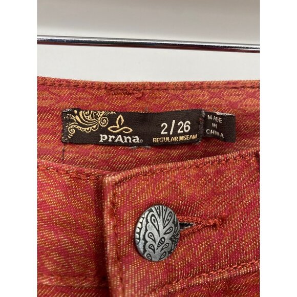 PRANA ORANGE PRINT SKINNY Jeans STRETCH MID RISE SIZE 2/26 ORGANIC COTTON - Picture 5 of 5